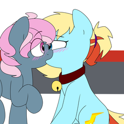 Size: 1280x1280 | Tagged: dead source, safe, artist:victoreach, oc, oc only, oc:honey wound, oc:juicy dream, earth pony, pony, bell, bell collar, blushing, collar, female, kiss on the lips, kissing, lesbian, mare, raised hoof, shipping, sitting