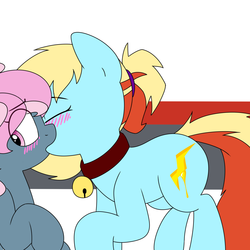 Size: 1280x1280 | Tagged: safe, artist:victoreach, oc, oc only, oc:honey wound, oc:juicy dream, earth pony, pony, bell, bell collar, blushing, collar, eyes closed, female, kiss on the lips, kissing, lesbian, mare, raised hoof, shipping