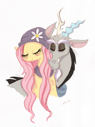 Size: 1124x1502 | Tagged: safe, artist:praysforaprankster, discord, fluttershy, draconequus, pegasus, pony, g4, bust, clothes, duo, eyes closed, hat, kissing, male, scarf, ship:discoshy, shipping, simple background, straight, white background