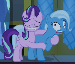 Size: 606x520 | Tagged: safe, screencap, starlight glimmer, trixie, pony, g4, to where and back again, animated, duo, female, gif, hyperventilating, loop, out of context