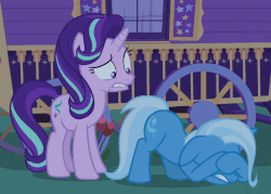 Size: 708x506 | Tagged: safe, screencap, starlight glimmer, trixie, pony, unicorn, g4, to where and back again, animated, cowering, duo, eyes on the prize, face down ass up, female, floppy ears, frightened, frown, gif, gritted teeth, lip bite, looking at butt, loop, mare, out of context, shaking, shivering, trixie's wagon, wide eyes