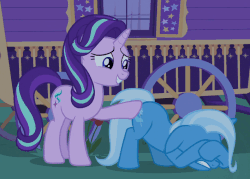 Size: 708x506 | Tagged: safe, screencap, starlight glimmer, trixie, pony, unicorn, g4, to where and back again, animated, butt touch, comforting, covering eyes, covering face, cowering, duo, face down ass up, female, frightened, gif, grin, hoof on butt, loop, mare, open mouth, patting, scared, shaking, shivering, smiling
