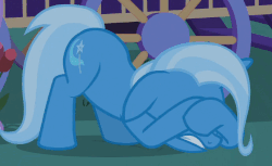 Size: 689x421 | Tagged: safe, screencap, trixie, pony, g4, season 6, to where and back again, animated, covering, cowering, ears back, face down ass up, female, frightened, gif, gritted teeth, loop, scared, shivering, solo, trixie's wagon