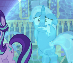 Size: 591x508 | Tagged: safe, screencap, starlight glimmer, trixie, pony, g4, to where and back again, animated, duo, ears back, female, force field, freakout, gif, nose in the air, panic, scared, shield, tantrum, trixie's wagon, volumetric mouth