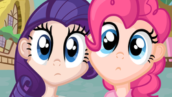 Size: 1180x669 | Tagged: safe, artist:thecheeseburger, pinkie pie, rarity, human, g4, the ticket master, close-up, duo, humanized, scene interpretation, wide eyes