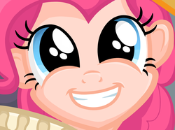Size: 1584x1180 | Tagged: safe, artist:thecheeseburger, chancellor puddinghead, pinkie pie, human, g4, hearth's warming eve (episode), brilliant face, close-up, female, grin, humanized, ruff (clothing), scene interpretation, smiling, solo