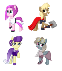 Size: 3300x3750 | Tagged: safe, artist:thecheeseburger, dust devil, mjölna, symphony song, vidala swoon, earth pony, pegasus, pony, g4, background pony, clothes, crossover, dress, female, hammer, high res, mare, mjölnir, simple background, smiling, thor, transparent background, war hammer, weapon