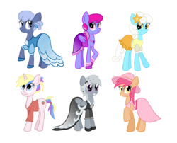 Size: 3150x2550 | Tagged: safe, artist:thecheeseburger, chilly puddle, holly dash, serena, silverspeed, starsong, tropical spring, earth pony, pegasus, pony, unicorn, g4, background pony, clothes, dress, high res, simple background, white background