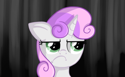 Size: 2520x1562 | Tagged: safe, artist:thecheeseburger, sweetie belle, pony, unicorn, g4, abstract background, bust, dark background, female, frown, grumpy, portrait, solo, unamused