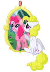 Size: 2016x2880 | Tagged: safe, artist:thecheeseburger, gummy, pinkie pie, surprise, earth pony, pegasus, pony, g1, g4, duo, g1 to g4, generation leap, high res, mirror, sad