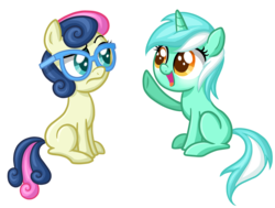 Size: 2952x2232 | Tagged: safe, artist:thecheeseburger, bon bon, lyra heartstrings, sweetie drops, earth pony, pony, unicorn, g4, blank flank, colored pupils, duo, eye contact, female, filly, filly bon bon, filly lyra, filly sweetie drops, glasses, high res, looking at each other, open mouth, raised eyebrow, raised hoof, simple background, sitting, smiling, transparent background, twisted bon bon, younger