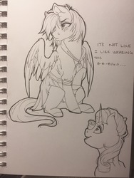 Size: 2448x3264 | Tagged: safe, artist:silentwulv, rarity, oc, pegasus, pony, g4, baka, clothes, heart eyes, high res, monochrome, schoolgirl, traditional art, tsundere, wingding eyes