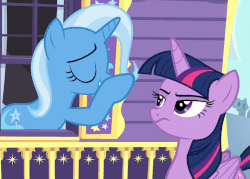 Size: 726x519 | Tagged: safe, screencap, trixie, twilight sparkle, alicorn, pony, g4, to where and back again, animated, blinking, boop, duo, eyes closed, female, frown, gif, glare, loop, non-consensual booping, nose wrinkle, open mouth, smiling, trixie's wagon, twilight sparkle (alicorn), unamused