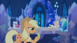 Size: 1241x699 | Tagged: safe, screencap, applejack, fluttershy, pinkie pie, rainbow dash, rarity, starlight glimmer, trixie, changeling, pony, unicorn, g4, to where and back again, disguise, disguised changeling, dishonorapple, fake applejack, fake fluttershy, fake pinkie, fake rainbow dash, fake rarity, female, food, fruit heresy, heresy, mare, pear, pearesy, pearjack, traitor