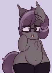 Size: 674x939 | Tagged: safe, artist:toroitimu, oc, oc only, oc:iris, bat pony, pony, adorkable, belly button, chubby, clothes, cute, dork, female, glasses, solo, stockings