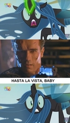 Size: 454x798 | Tagged: safe, queen chrysalis, g4, my little pony: friendship is magic, to where and back again, arnold schwarzenegger, former queen chrysalis, meme, terminator, tiny pop