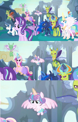 Size: 1274x2000 | Tagged: safe, edit, edited screencap, screencap, applejack, pinkie pie, princess cadance, princess celestia, princess flurry heart, princess luna, rainbow dash, rarity, shining armor, starlight glimmer, thorax, twilight sparkle, alicorn, changedling, changeling, pony, g4, my little pony: friendship is magic, to where and back again, cropped, flying, frown, glare, glowing horn, horn, king thorax, magic, spread wings, tenso, twilight sparkle (alicorn)