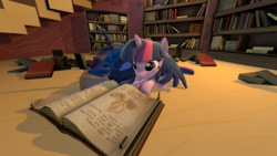 Size: 2560x1440 | Tagged: safe, artist:asylum529, princess luna, twilight sparkle, alicorn, pony, g4, 3d, book, eyes closed, female, lesbian, lying, mare, reading, ship:twiluna, shipping, sleeping, smiling, source filmmaker, twilight sparkle (alicorn)