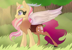 Size: 2834x1984 | Tagged: safe, artist:gigason, oc, oc only, oc:chaos willow, hybrid, forest, interspecies offspring, offspring, parent:discord, parent:fluttershy, parents:discoshy, solo