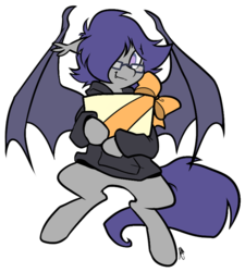 Size: 670x743 | Tagged: safe, artist:egophiliac, oc, oc only, oc:dusk rhine, bat pony, pony, 2017 community collab, derpibooru community collaboration, clothes, cute, fangs, gift wrapped, glasses, hoodie, looking at you, male, present, simple background, smiling, solo, stallion, transparent background