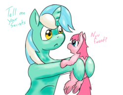 Size: 1398x1080 | Tagged: safe, artist:fluffsplosion, lyra heartstrings, fluffy pony, pony, g4, :<, dialogue, holding a pony, looking at each other, simple background, underhoof, white background