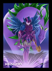 Size: 2362x3244 | Tagged: safe, artist:kenuma, spike, twilight sparkle, dragon, equestria girls, g4, armor, badass, high res, prosthetic wing, scepter, twilight scepter