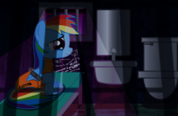 Size: 1638x1065 | Tagged: safe, artist:spellboundcanvas, rainbow dash, g4, clothes, crying, dark room, female, prison, prison outfit, prisoner, prisoner rd, solo, wing cuffs