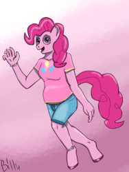 Size: 1600x2133 | Tagged: safe, artist:mcsplosion, pinkie pie, earth pony, anthro, unguligrade anthro, g4, anklet, bracelet, chubby, clothes, daisy dukes, digital art, female, gradient background, jewelry, shirt, shorts, solo, t-shirt
