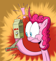 Size: 1024x1124 | Tagged: safe, artist:cartoon-eric, pinkie pie, g4, exclamation point, female, milk, solo, voice actor joke