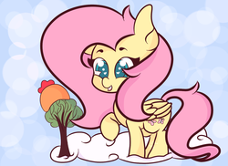Size: 1280x930 | Tagged: safe, artist:hedgehog-plant, fluttershy, pegasus, pony, g4, abstract background, cap, cloud, cute, female, hat, heart eyes, mare, raised hoof, shyabetes, smiling, solo, tree, wingding eyes