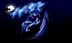 Size: 6600x3954 | Tagged: safe, artist:strachattack, nightmare moon, alicorn, pony, g4, absurd resolution, cloud, fangs, female, growling, moon, night, solo