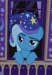 Size: 188x270 | Tagged: safe, screencap, trixie, pony, to where and back again, animated, blinking, cropped, female, gif, hat, nightcap, reaction image, sleepy, solo, tired, trixie's nightcap, trixie's wagon, unamused