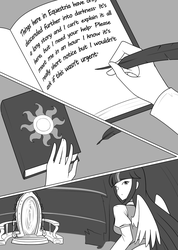 Size: 1280x1802 | Tagged: safe, artist:jonfawkes, twilight sparkle, series:nightmare war, equestria girls, g4, black and white, comic, grayscale, journal, monochrome, portal, quill, winged humanization