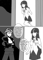 Size: 1280x1802 | Tagged: safe, artist:jonfawkes, sunset shimmer, twilight sparkle, series:nightmare war, equestria girls, g4, black and white, comic, dialogue, grayscale, monochrome, portal, speech bubble