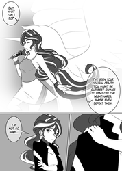 Size: 1280x1802 | Tagged: safe, artist:jonfawkes, sunset shimmer, twilight sparkle, series:nightmare war, equestria girls, g4, black and white, comic, dialogue, faceless female, female, grayscale, monochrome, offscreen character, speech bubble