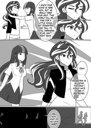 Size: 1280x1802 | Tagged: safe, artist:jonfawkes, sunset shimmer, twilight sparkle, series:nightmare war, equestria girls, g4, black and white, comic, dialogue, grayscale, monochrome, speech bubble