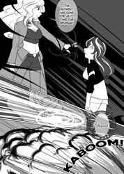 Size: 1280x1802 | Tagged: safe, artist:jonfawkes, adagio dazzle, sunset shimmer, human, series:nightmare war, g4, black and white, comic, dialogue, explosion, grayscale, humanized, monochrome, speech bubble