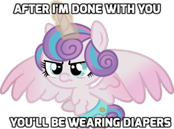 Size: 1186x880 | Tagged: safe, artist:andrevus, princess flurry heart, g4, to where and back again, angry, angry baby, baby, diaper, female, flying, frown, fury heart, glare, glowing horn, horn, image macro, infant, magic, meme, simple background, solo, spread wings, unamused