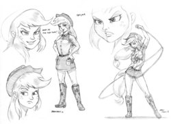 Size: 1500x1089 | Tagged: safe, artist:baron engel, applejack, equestria girls, g4, boots, clothes, cowboy hat, denim skirt, eared humanization, female, freckles, front knot midriff, hat, lasso, midriff, monochrome, pencil drawing, ponied up, rope, shorts, sketch, skirt, smirk, solo, stetson, tailed humanization, thighs, traditional art