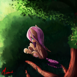 Size: 1000x1000 | Tagged: safe, artist:miokomata, fluttershy, butterfly, g4, female, folded wings, leaf, looking at you, looking back, looking up, rear view, sitting, solo, tree, under the tree