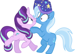 Size: 4194x3000 | Tagged: safe, artist:jeatz-axl, starlight glimmer, trixie, pony, unicorn, g4, to where and back again, .svg available, accidental kiss, bipedal, female, hat, kissing, lesbian, mare, nightcap, nose wrinkle, ship:startrix, shipping, simple background, transparent background, trixie's nightcap, vector, wide eyes