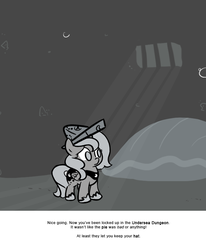 Size: 666x809 | Tagged: safe, artist:egophiliac, princess luna, moonstuck, g4, cartographer's cap, dungeon, female, filly, hat, monochrome, oyster, solo, woona, younger