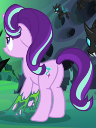 Size: 435x583 | Tagged: safe, screencap, starlight glimmer, thorax, changeling, pony, g4, to where and back again, butt, changeling slime, cropped, female, glimmer glutes, mare, plot