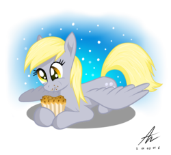 Size: 2200x2000 | Tagged: safe, artist:truffle shine, derpy hooves, pegasus, pony, g4, eating, female, food, high res, mare, muffin, prone, solo, spread wings