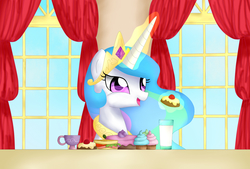 Size: 1748x1181 | Tagged: safe, artist:acgraxt, princess celestia, g4, cake, female, food, glass, magic, milk, sandwich, solo, table, teacup, telekinesis