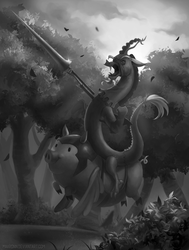 Size: 1000x1324 | Tagged: safe, artist:maaronn, discord, flying pig, pig, g4, to where and back again, forest, grayscale, lance, leaves, male, monochrome, solo, weapon