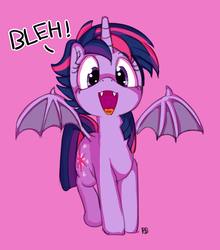 Size: 1737x1971 | Tagged: safe, artist:pabbley, twilight sparkle, alicorn, bat pony, bat pony alicorn, pony, vampire, vampony, g4, alternate hairstyle, bat ponified, bleh, cute, cute little fangs, fangs, female, looking at you, mare, open mouth, punklight sparkle, race swap, simple background, smiling, solo, spread wings, story in the source, twiabetes, twibat, twilight sparkle (alicorn)