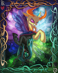 Size: 4000x5000 | Tagged: safe, artist:skodadav, queen chrysalis, thorax, changeling, changeling queen, g4, to where and back again, abstract background, absurd resolution, card, changeling king, contrast, duo, female, king thorax, male