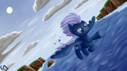 Size: 3840x2160 | Tagged: safe, artist:uber-dragon, night glider, pony, g4, cliff, cloud, flying, high res, ocean, smiling, solo focus, spread wings
