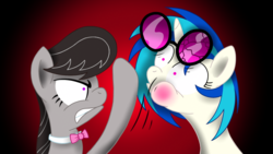 Size: 1920x1080 | Tagged: safe, artist:steam-loco, dj pon-3, octavia melody, vinyl scratch, pony, g4, abuse, duo, slap, vinylbuse